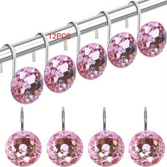 12pcs Pink Rhinestone Shower Curtain Hooks Decorative Round Shower Curtain Rings