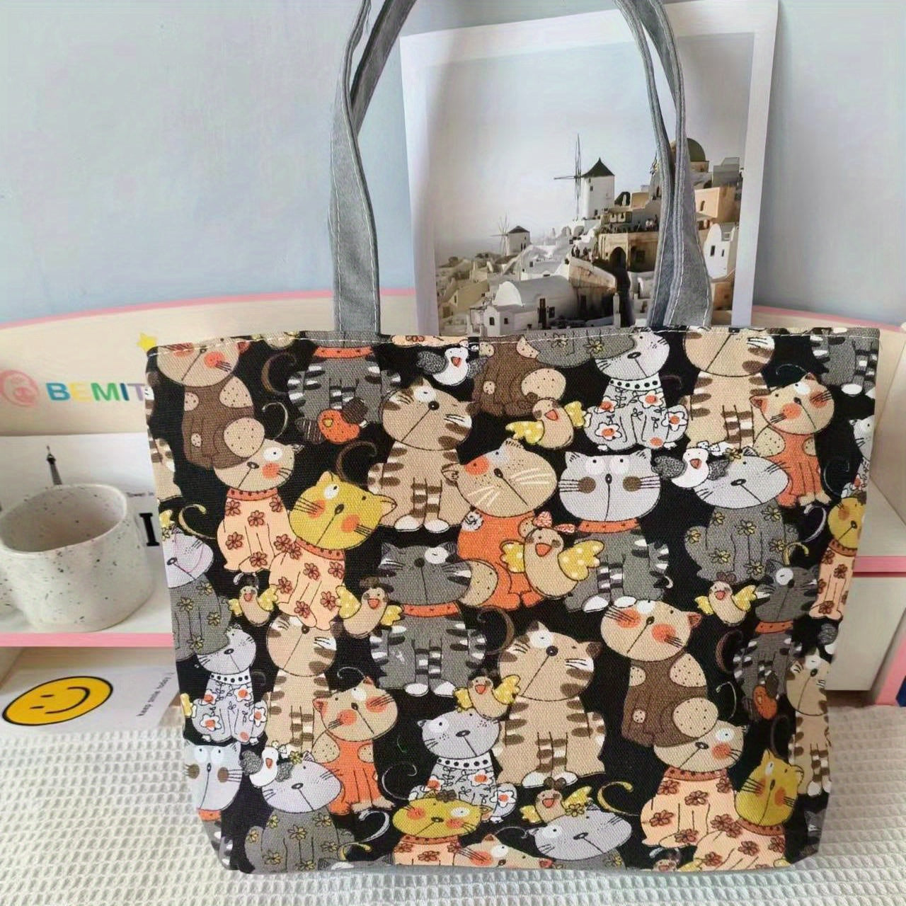 Canvas Vintage Geometric Pattern Tote Bag Large Capacity Shoulder Bag