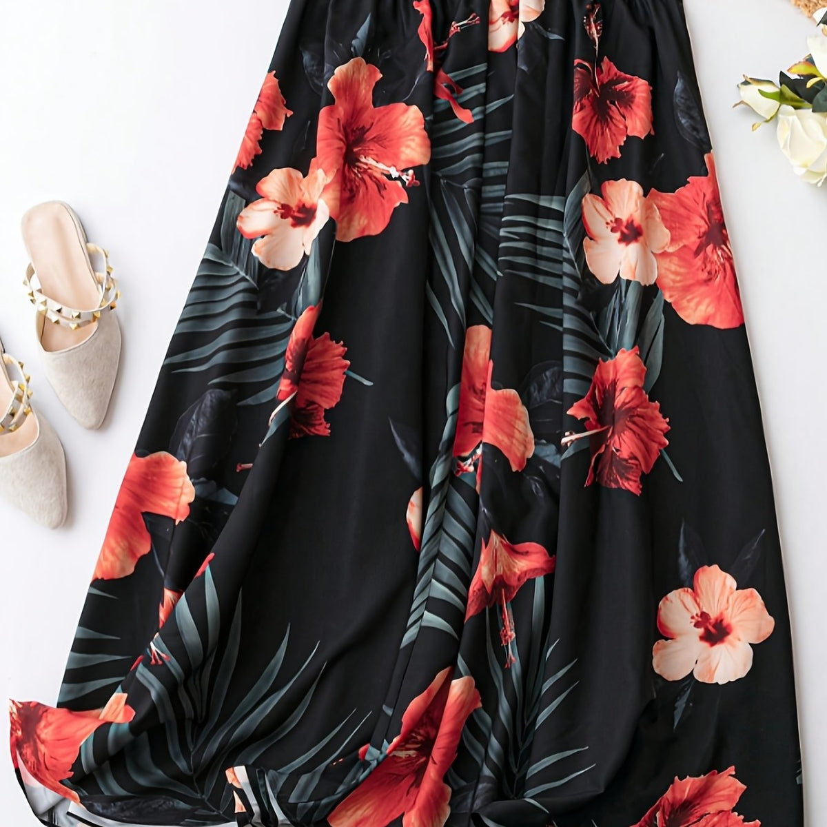  Tropical Print Elastic Waist Skirt With Belt