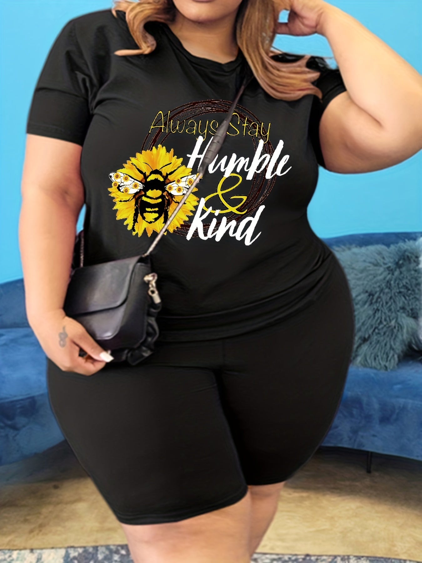  Bee & Slogan Print Tee & Biker Short Set