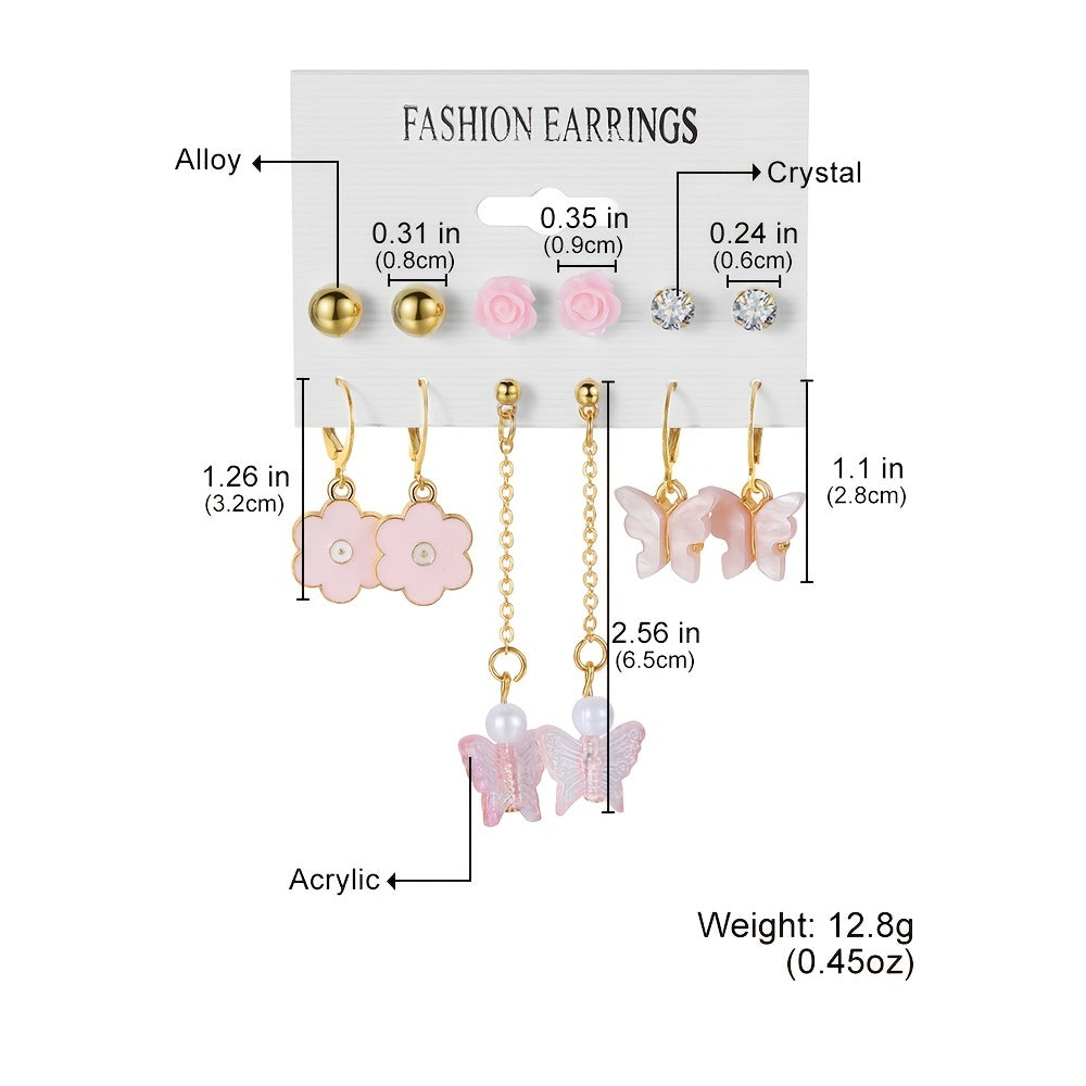 Butterfly Drop Earrings & Faux Pearl Stud Set