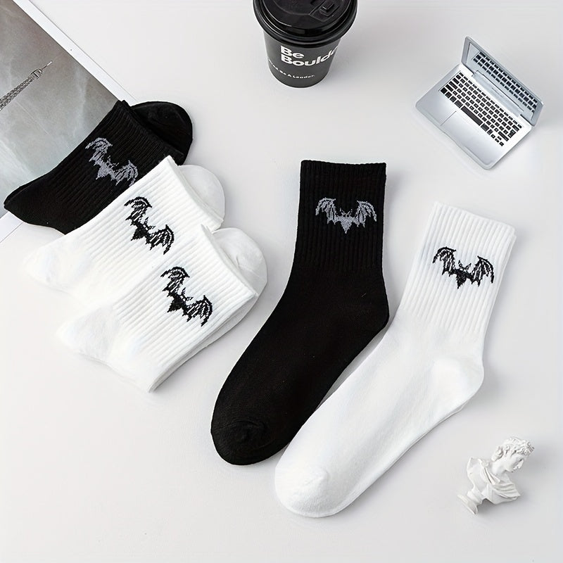 5 Pairs Bat Print Socks Halloween Crew Socks Women's Stockings & Hosiery