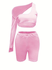  Sexy One Shoulder Crop Top & Shorts Set