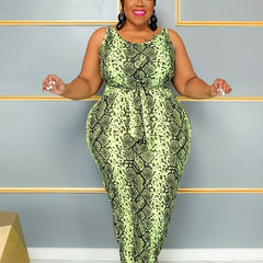  Snake Skin Print Round Neck Maxi Tank Dress