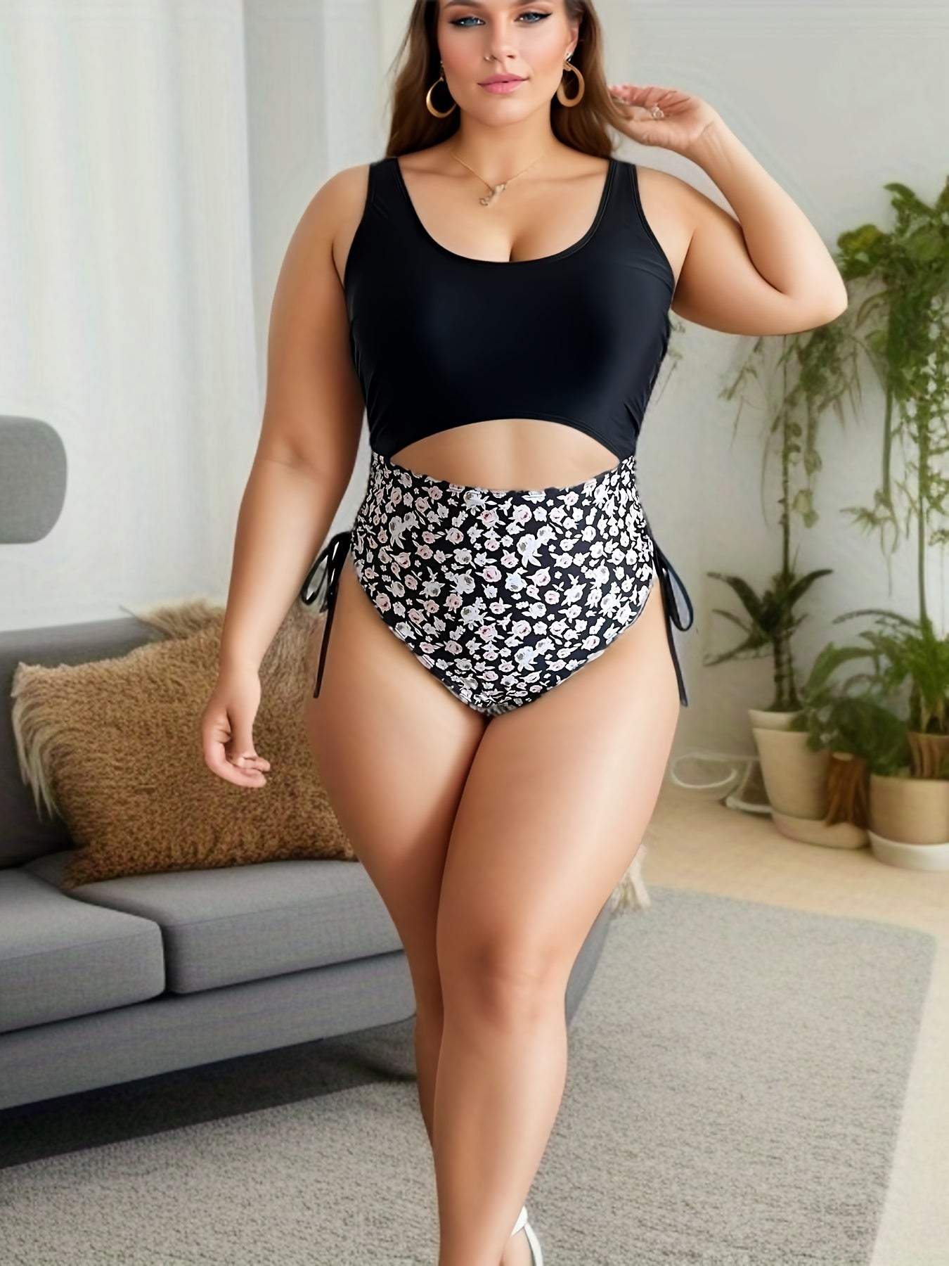  Colorblock Floral Print Lace Up Side One Piece Swimsuit