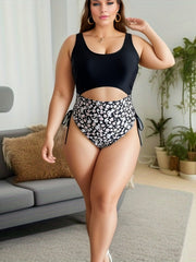  Colorblock Floral Print Lace Up Side One Piece Swimsuit
