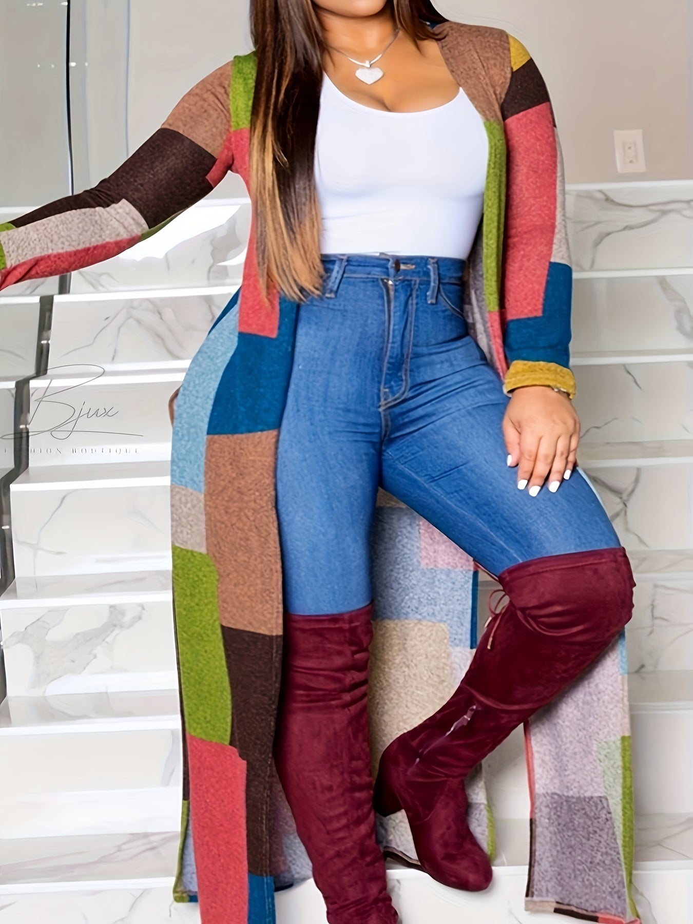  Women's Casual Cardigan Patchwork Long Sleeve Open Front