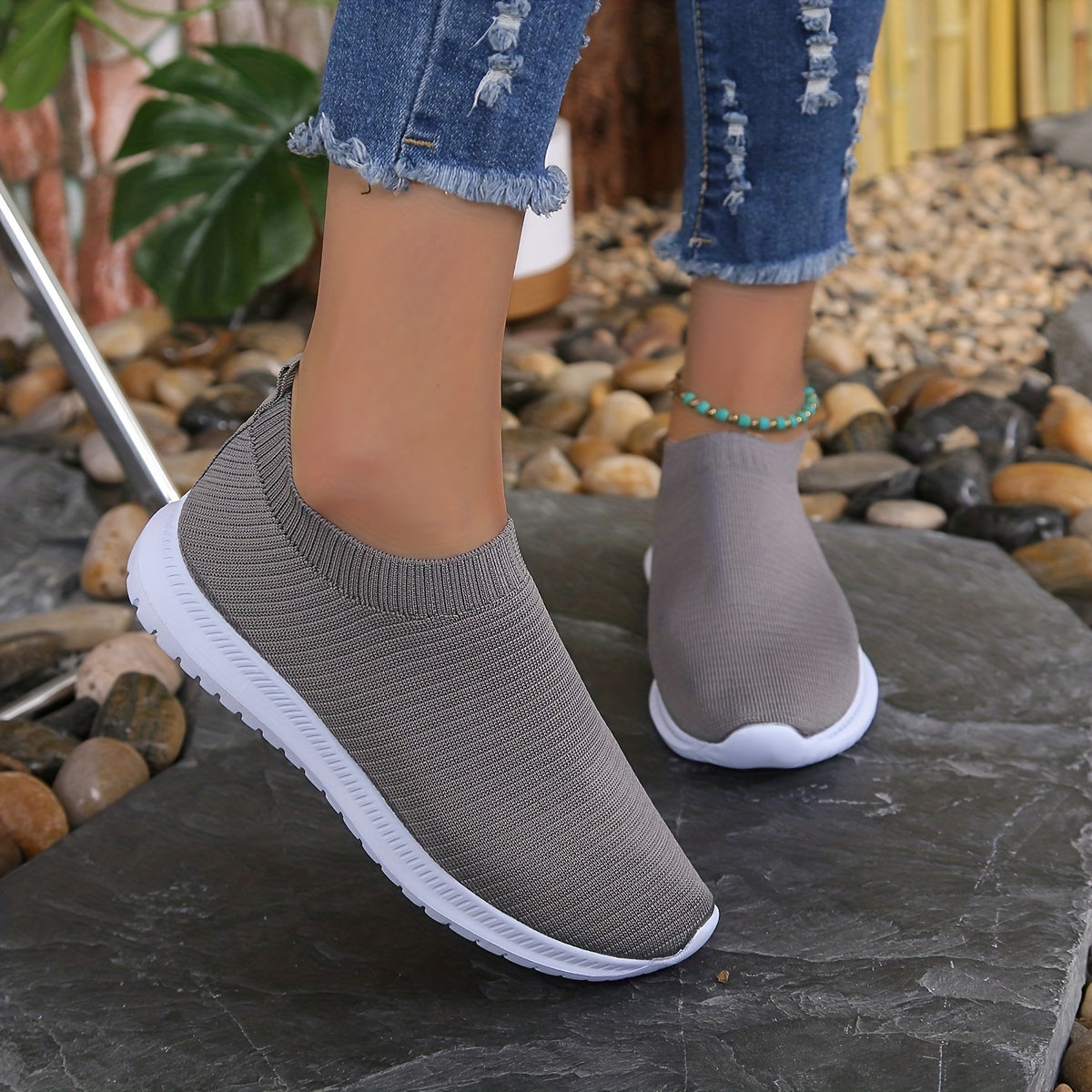 Dark Grey Stretch Woven Sports Shoes Women's Footwear