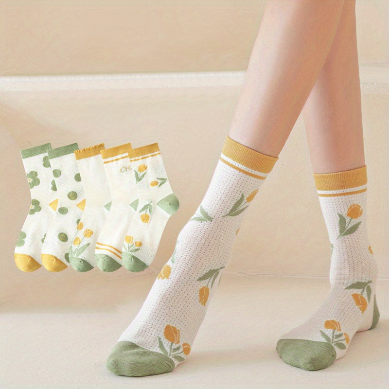 5 Pairs Floral Print Socks Women's Stockings & Hosiery