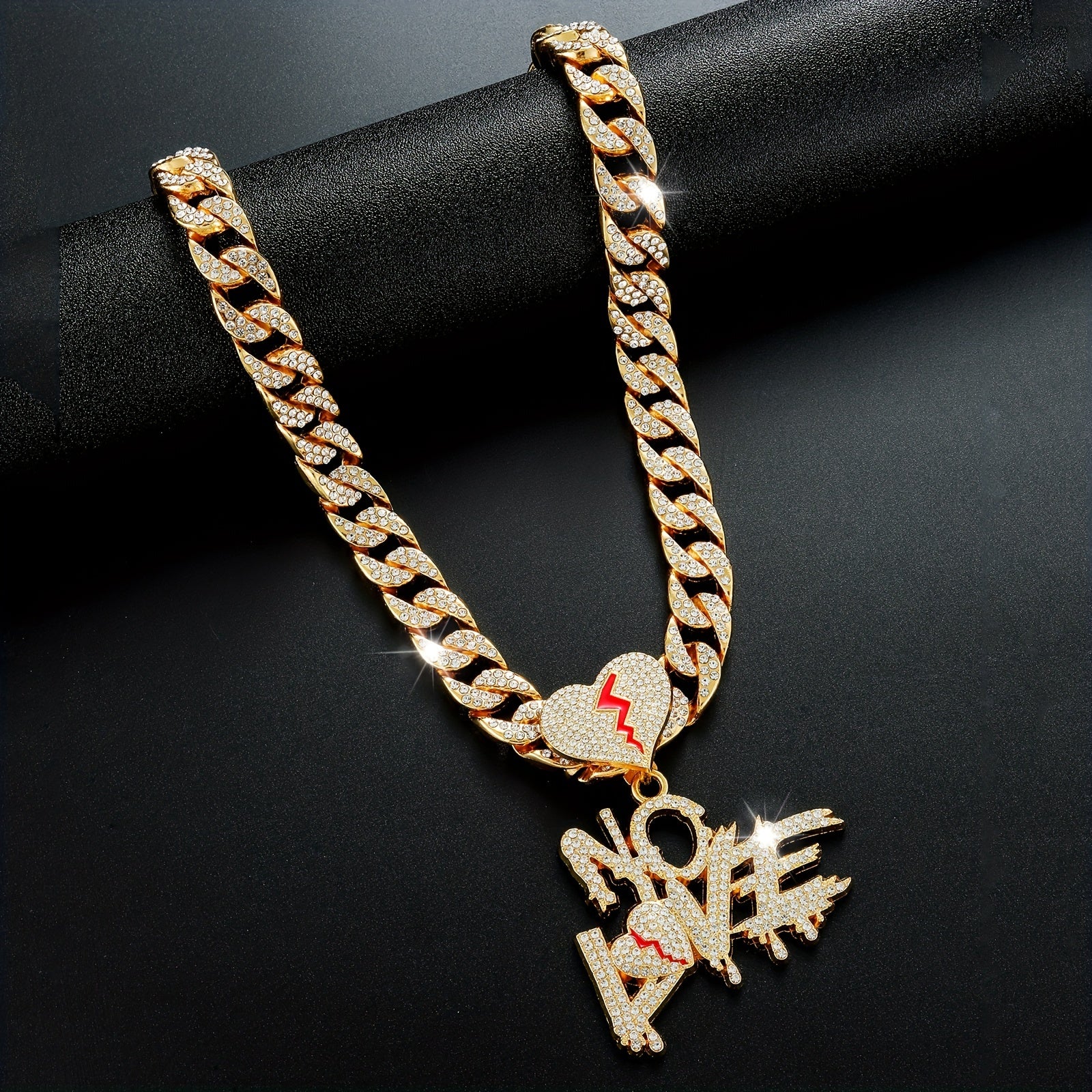 Silver Cuban Link Pendant Chain with Rhinestones