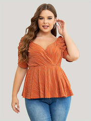  Casual Top Shinny Striped Lantern Sleeve Surplice Neck Stretch Peplum
