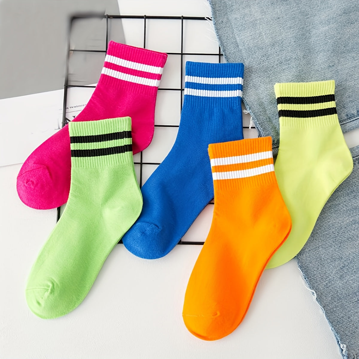 5 Pairs Striped Trim Socks, All Match Sports Socks for Women