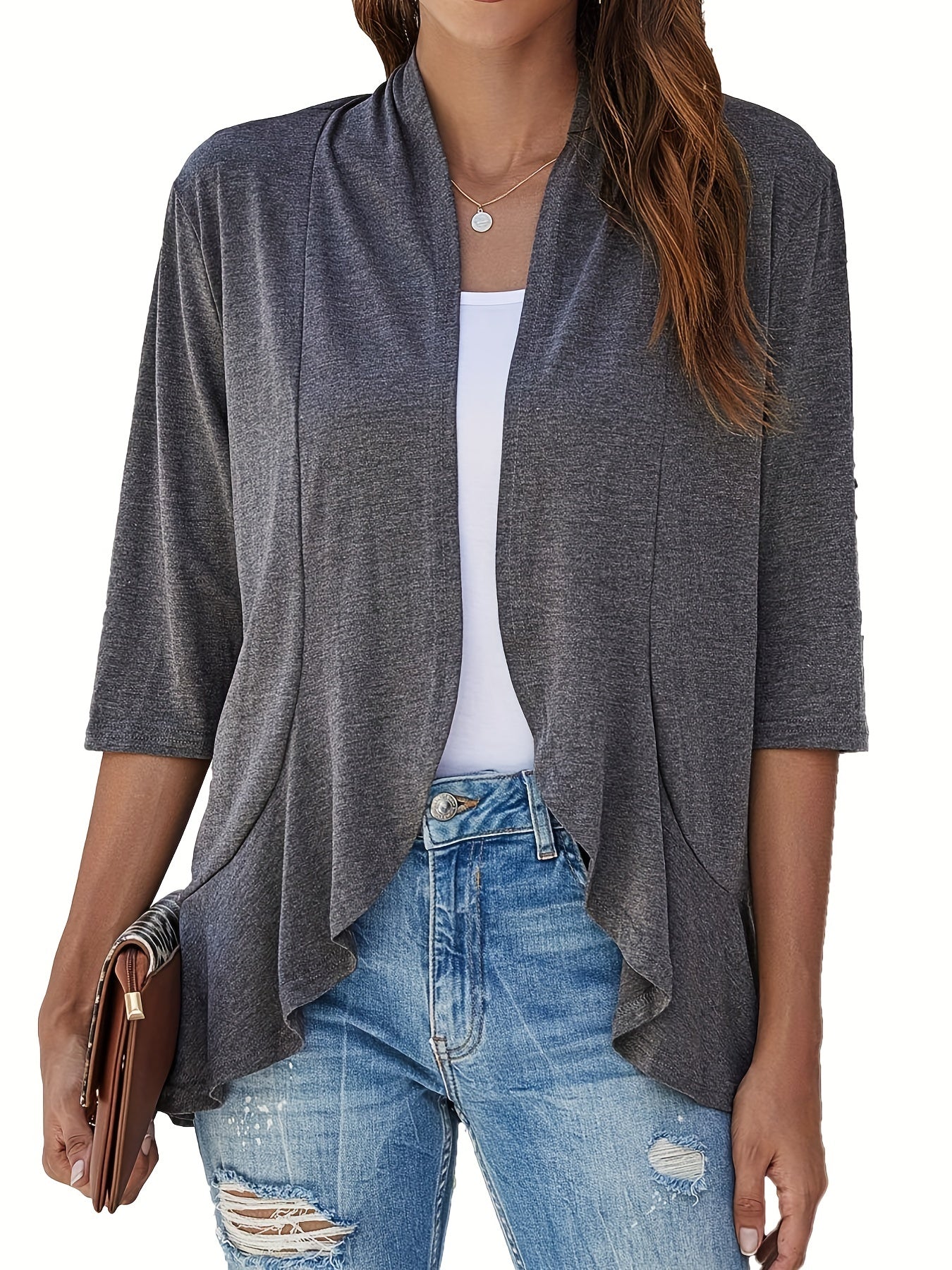  Casual Cardigan Women's Plus Solid Three Quarter Sleeve Ruffle Trim