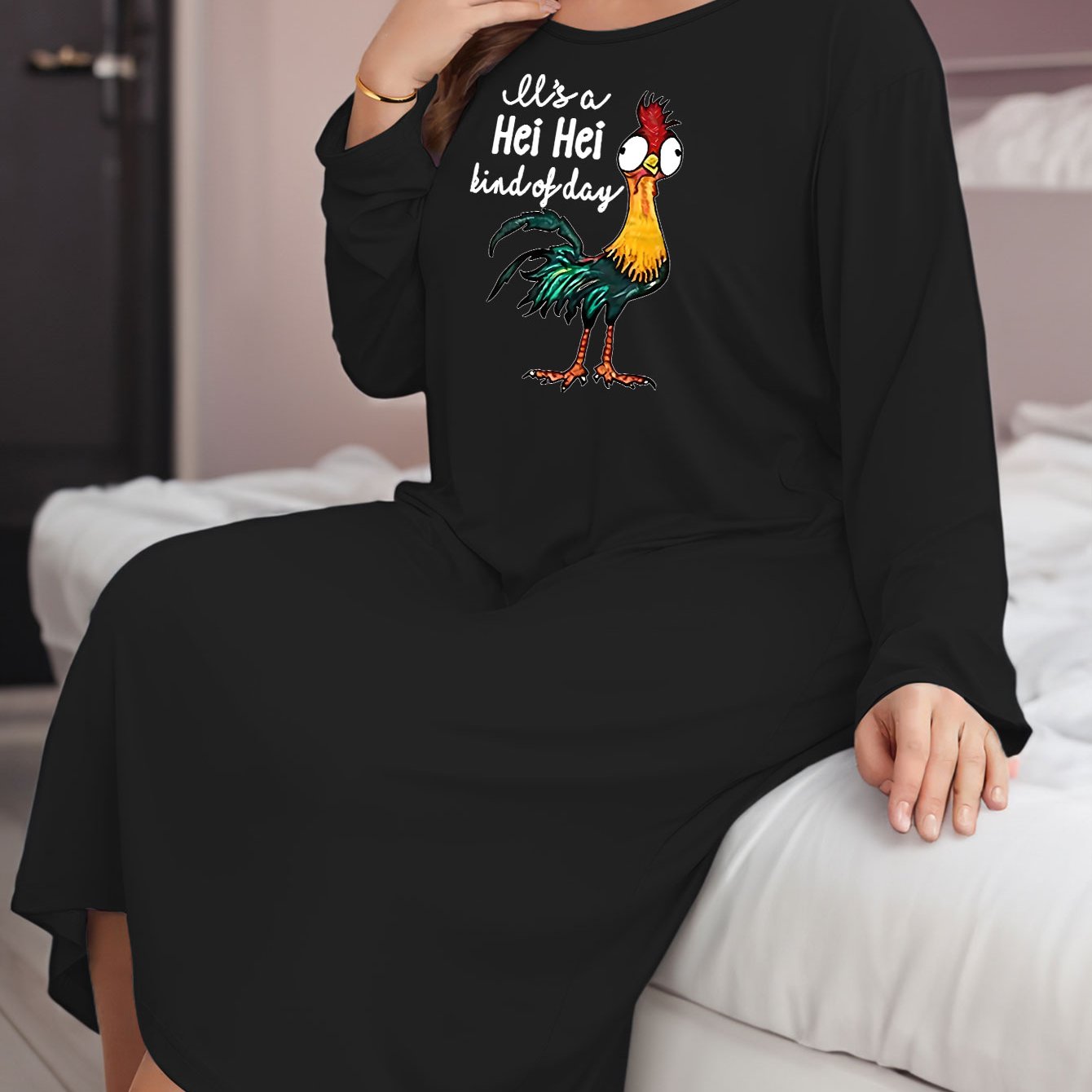  Rooster & Letter Print Long Sleeve T-shirt Nightdress