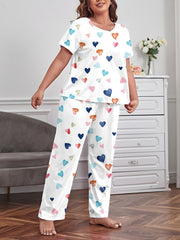  Heart Print Pajamas Set Short Sleeve Tee & Pants Loungewear
