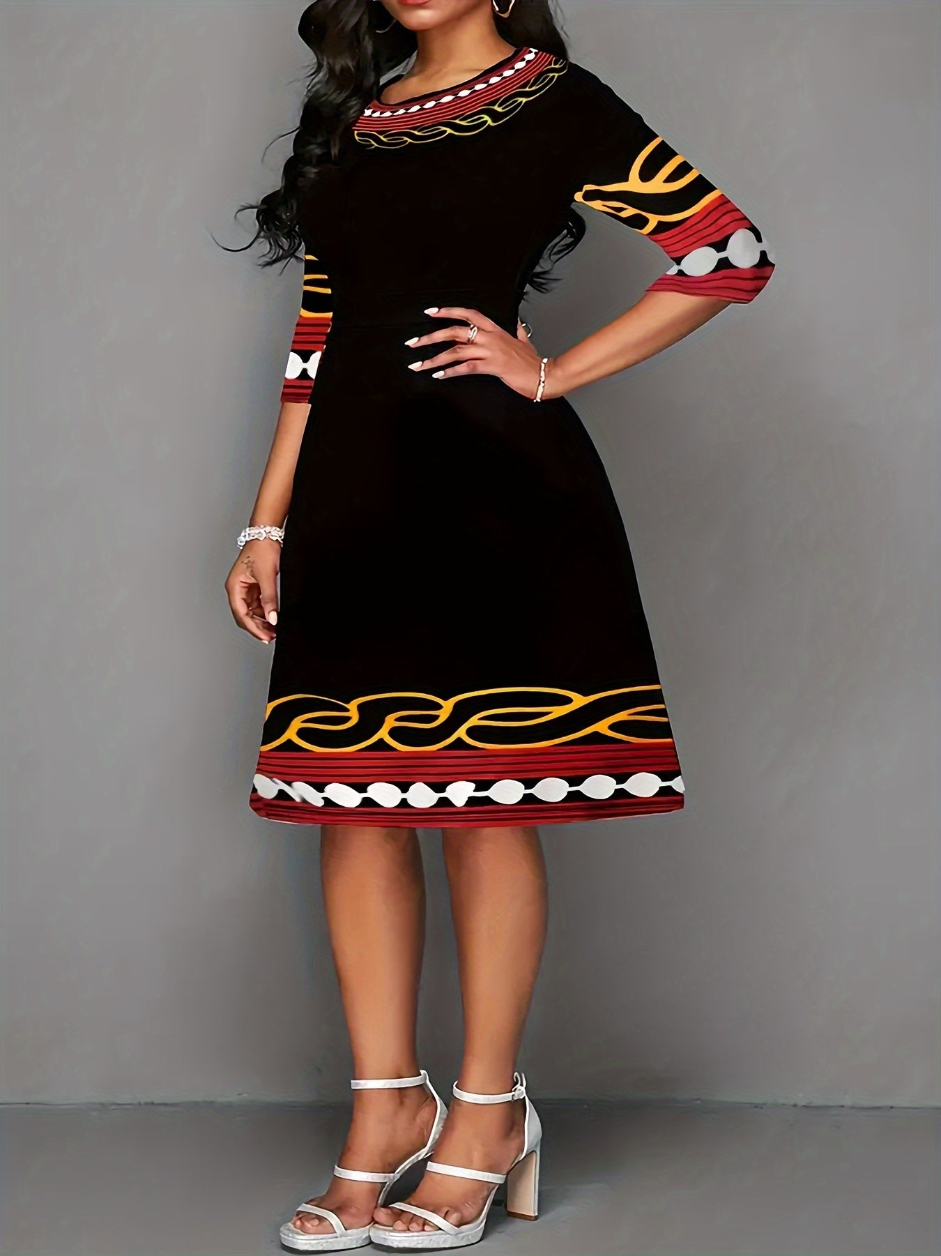  Casual Dress Women's Plus Stripe & Geometric Print Half Sleeve