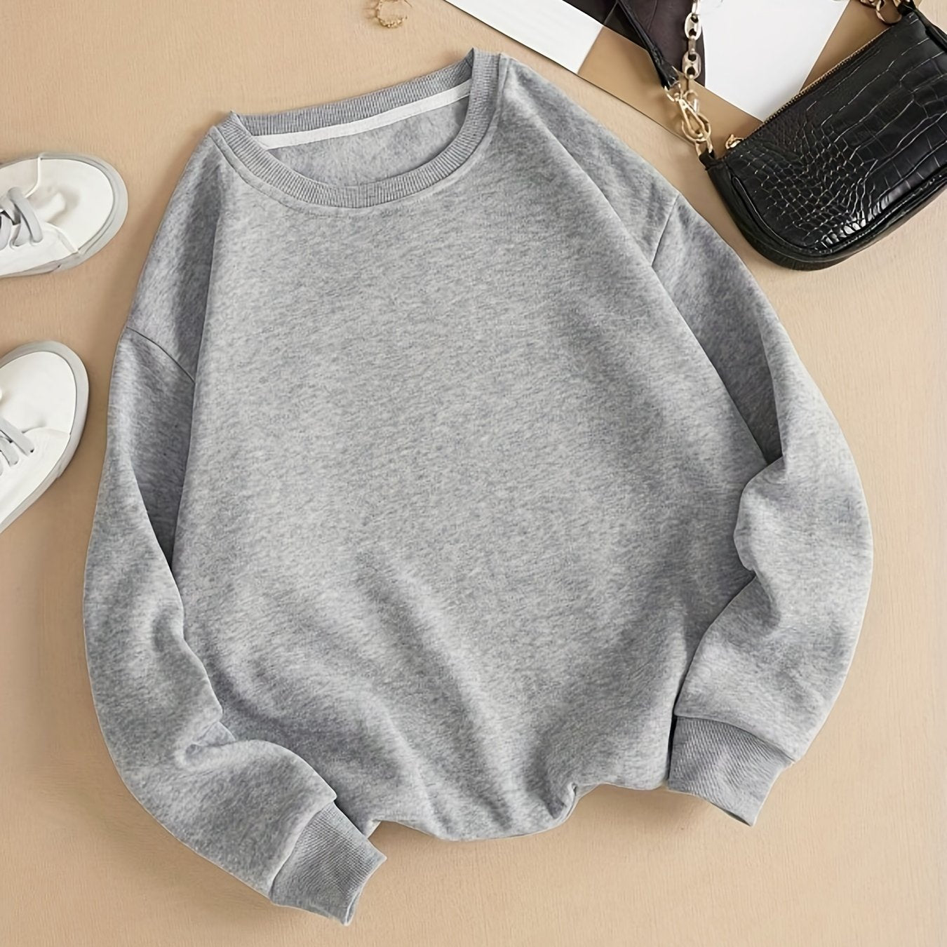Women's Crew Neck Solid Pullover Sweatshirt for Fall & Winter
