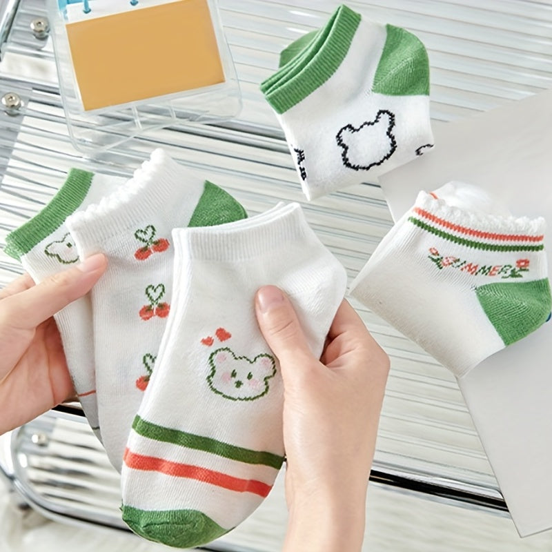 5 Pairs Cartoon Print Socks & Lightweight Low Cut Socks Women's