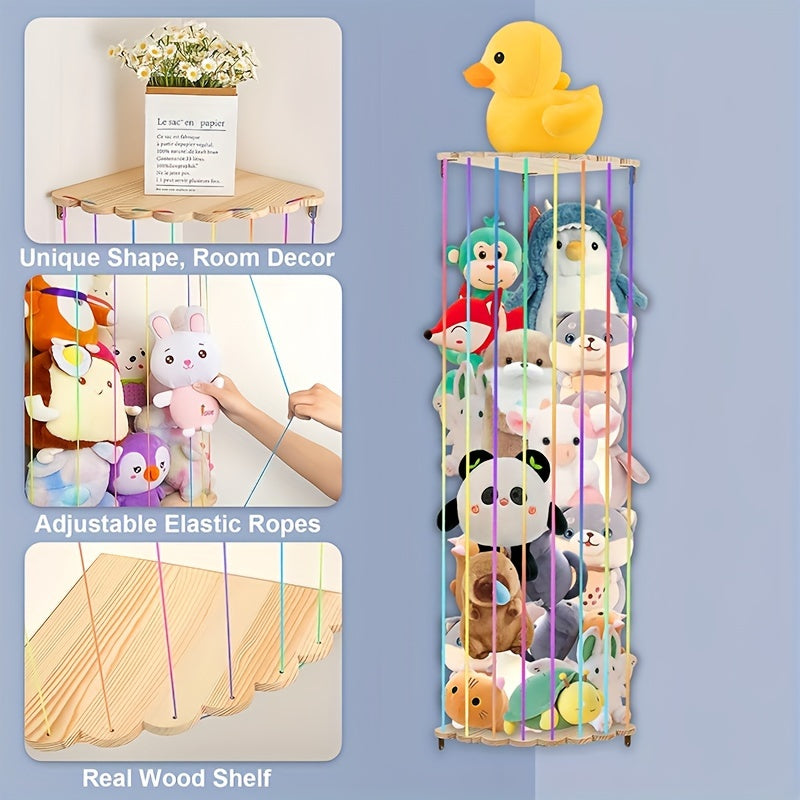 Pine Wood Stuffed Animal Storage Rack Corner & Wall Organizer