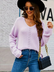  Casual Hollow Out V Neck Sweater Long Sleeve Jumper