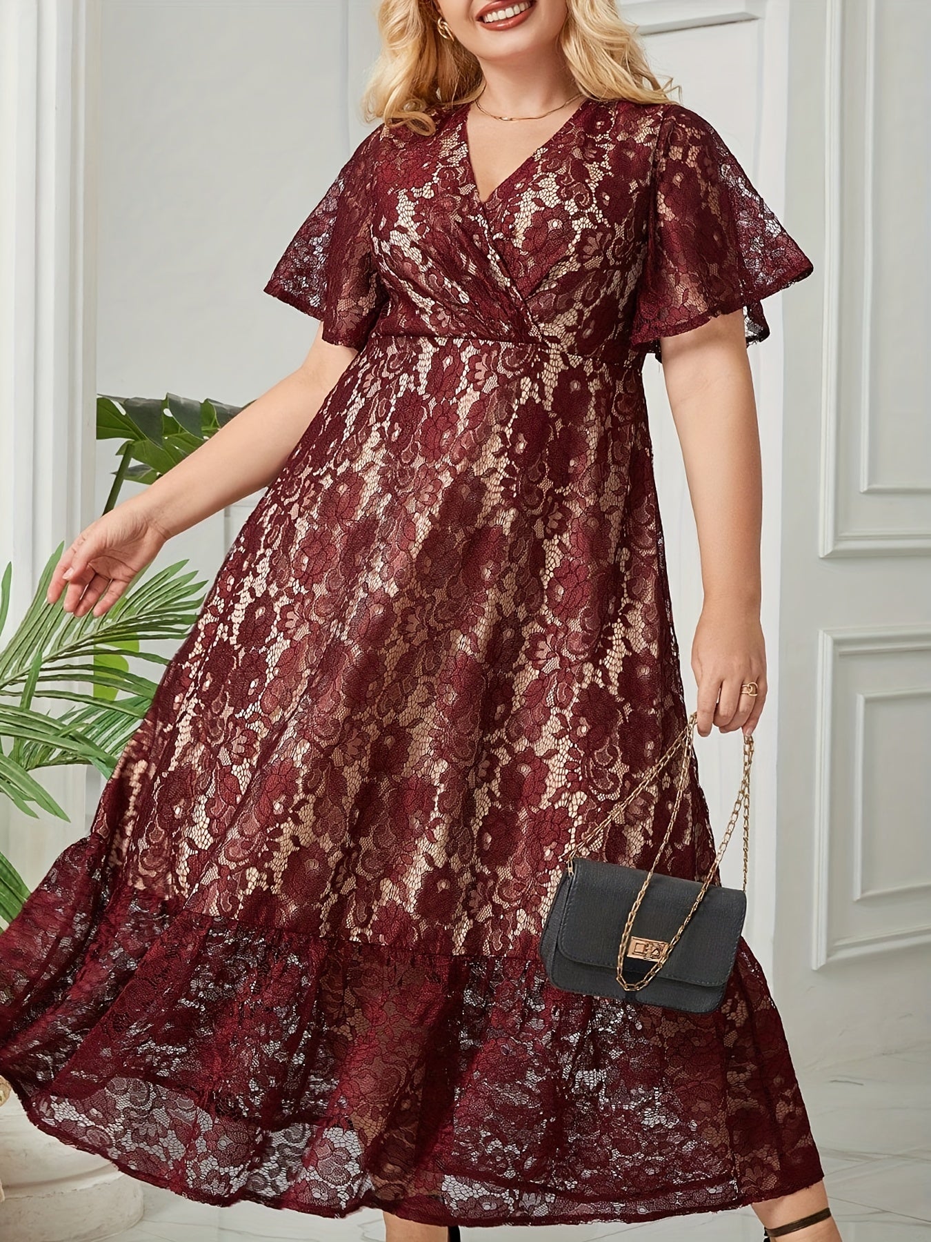  Solid Lace Short Sleeve Surplice Neck Smock Dress