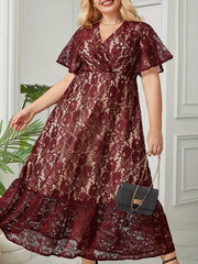  Solid Lace Short Sleeve Surplice Neck Smock Dress