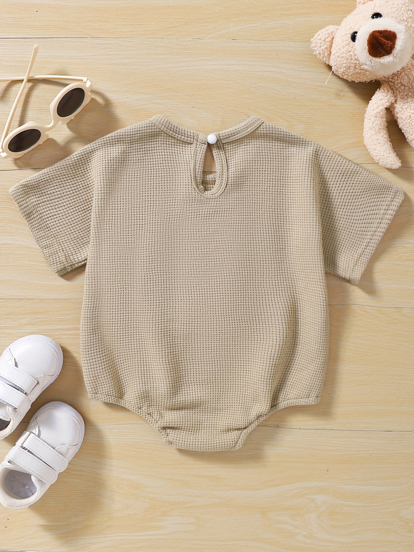 Baby Girls Romper Knit Clothes Waffle Bear Pocket Onesie