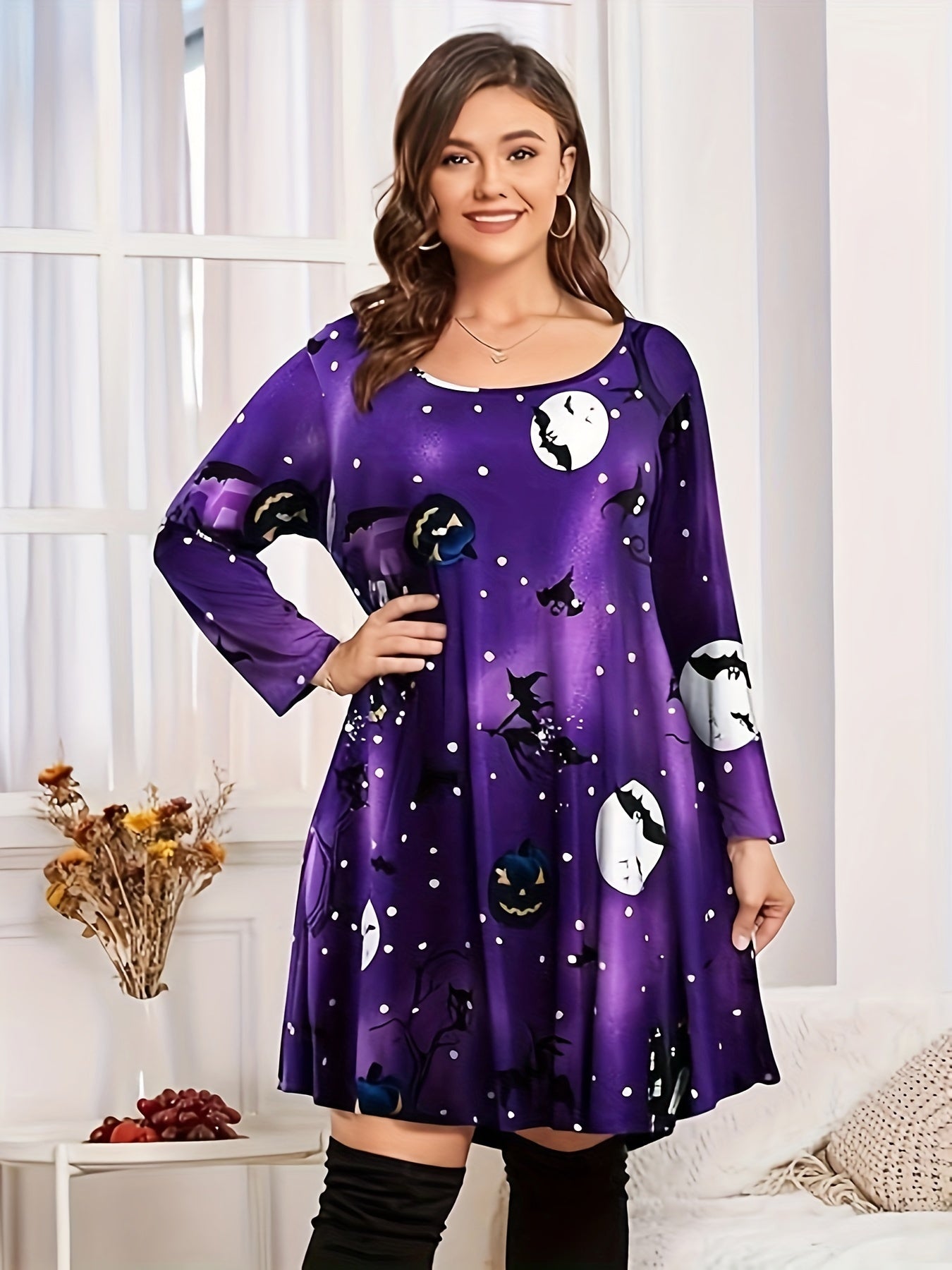  Casual Dress Women's Plus Graphic Print Long Sleeve Round Neck Dress