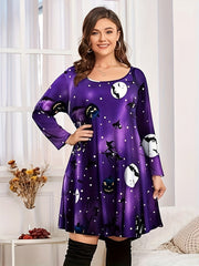  Casual Dress Women's Plus Graphic Print Long Sleeve Round Neck Dress