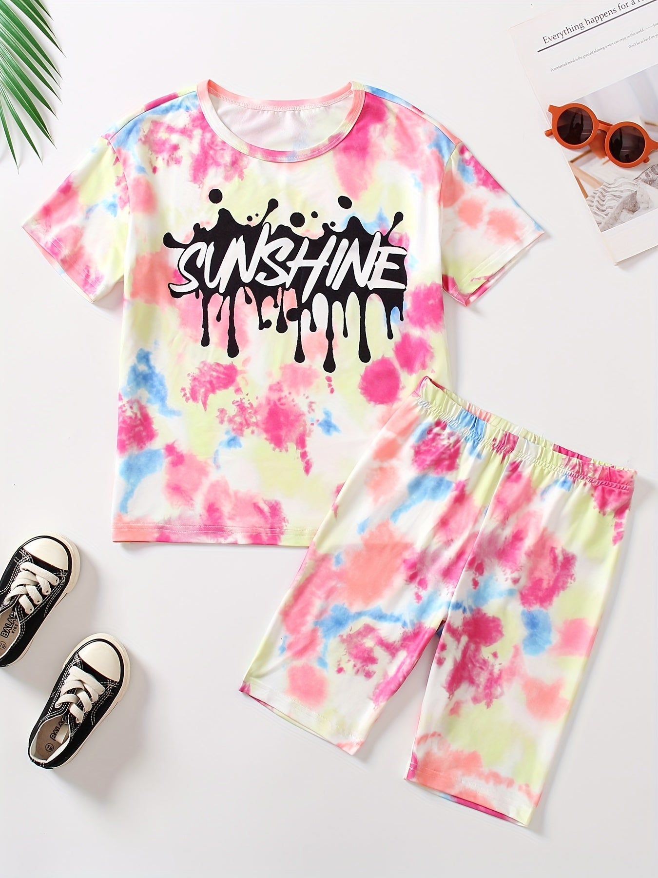 Girls 2 Piece Tie Dye Tee Shirt & Biker Shorts Set