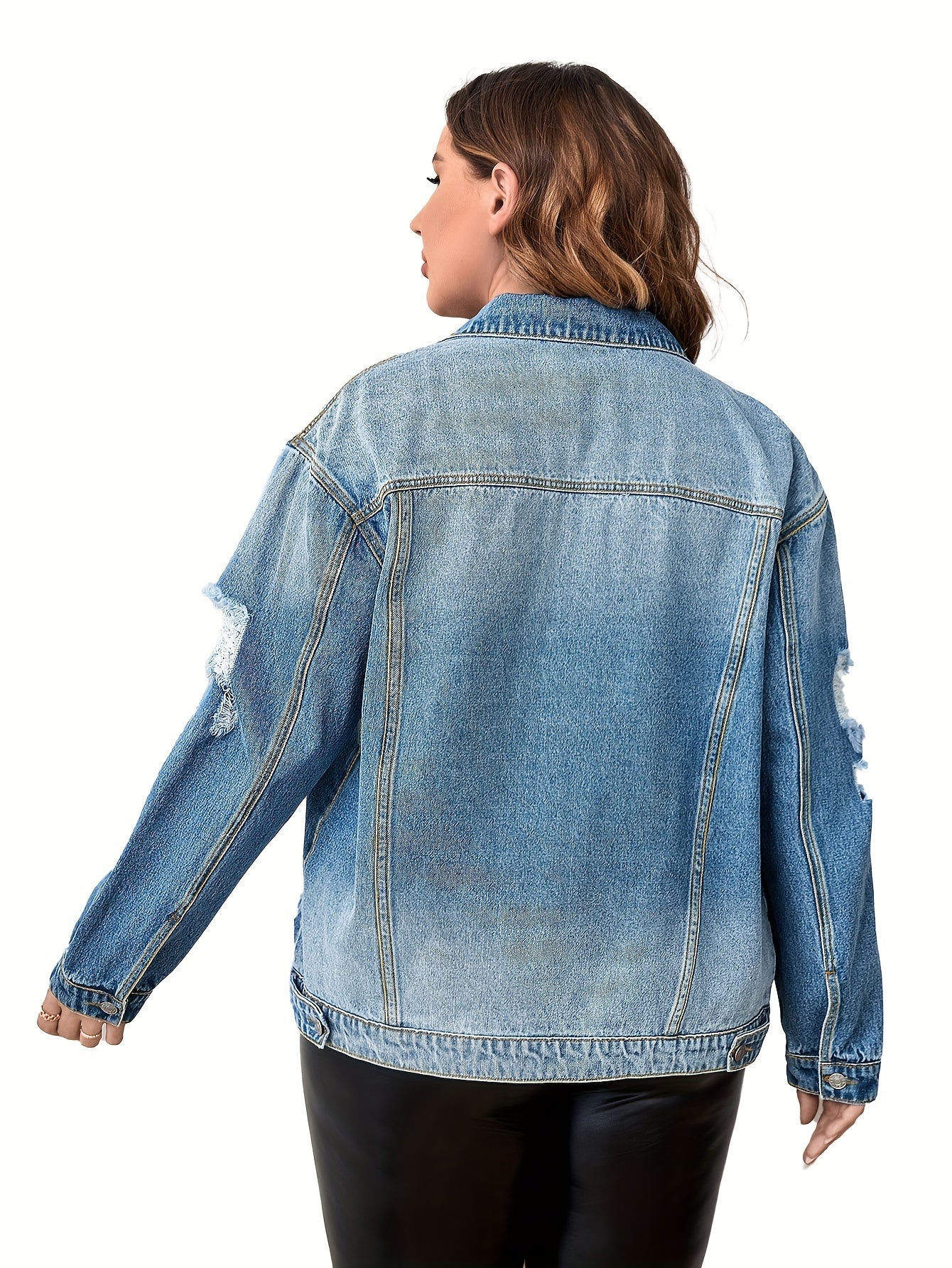 Women's Plus Size Casual Denim Top - Ripped Button Up Long Sleeve Jacket