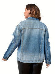 Women's Plus Size Casual Denim Top - Ripped Button Up Long Sleeve Jacket