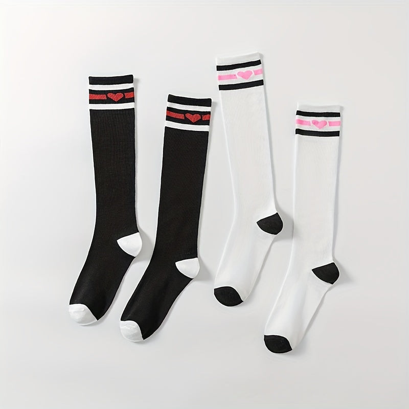 Heart Print Striped Calf Socks Sports Knee High Women's Stockings