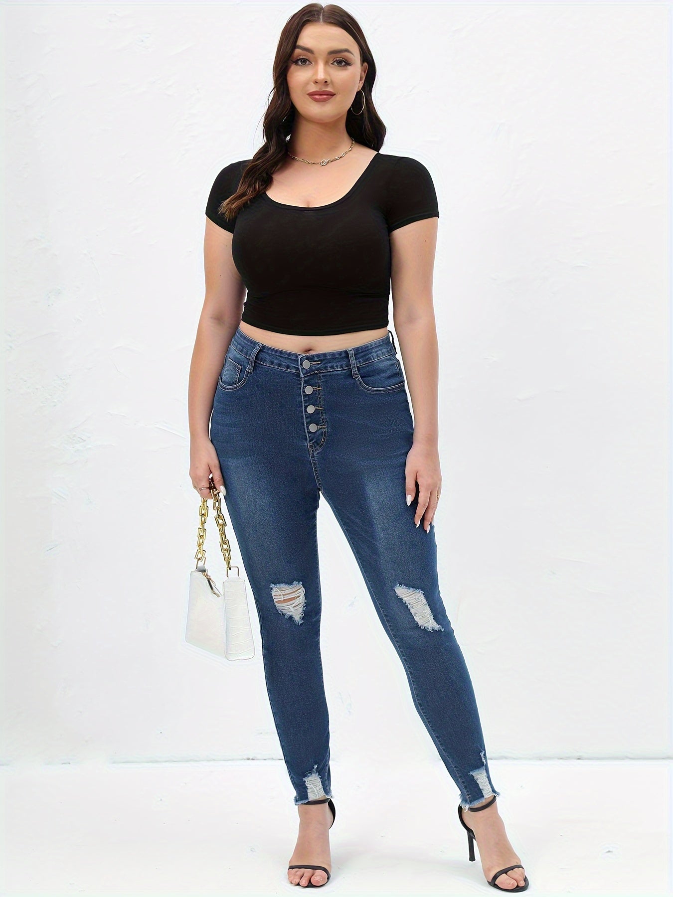  Women's Ripped Skinny Jeans High Rise Stretch Denim