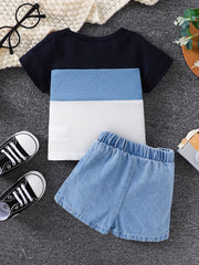 2pcs Baby Boys Block Neck T shirt & Denim Shorts Summer Clothes Sets