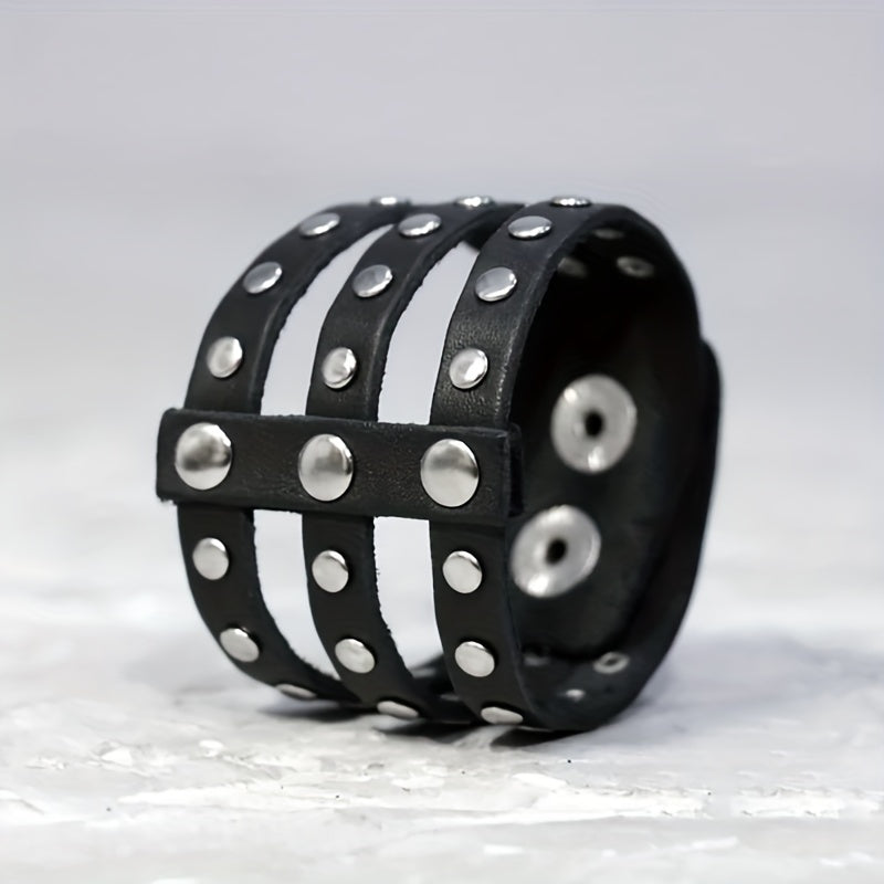 Men's Punk Retro Leather Rivet Inlaid Wide Bracelet