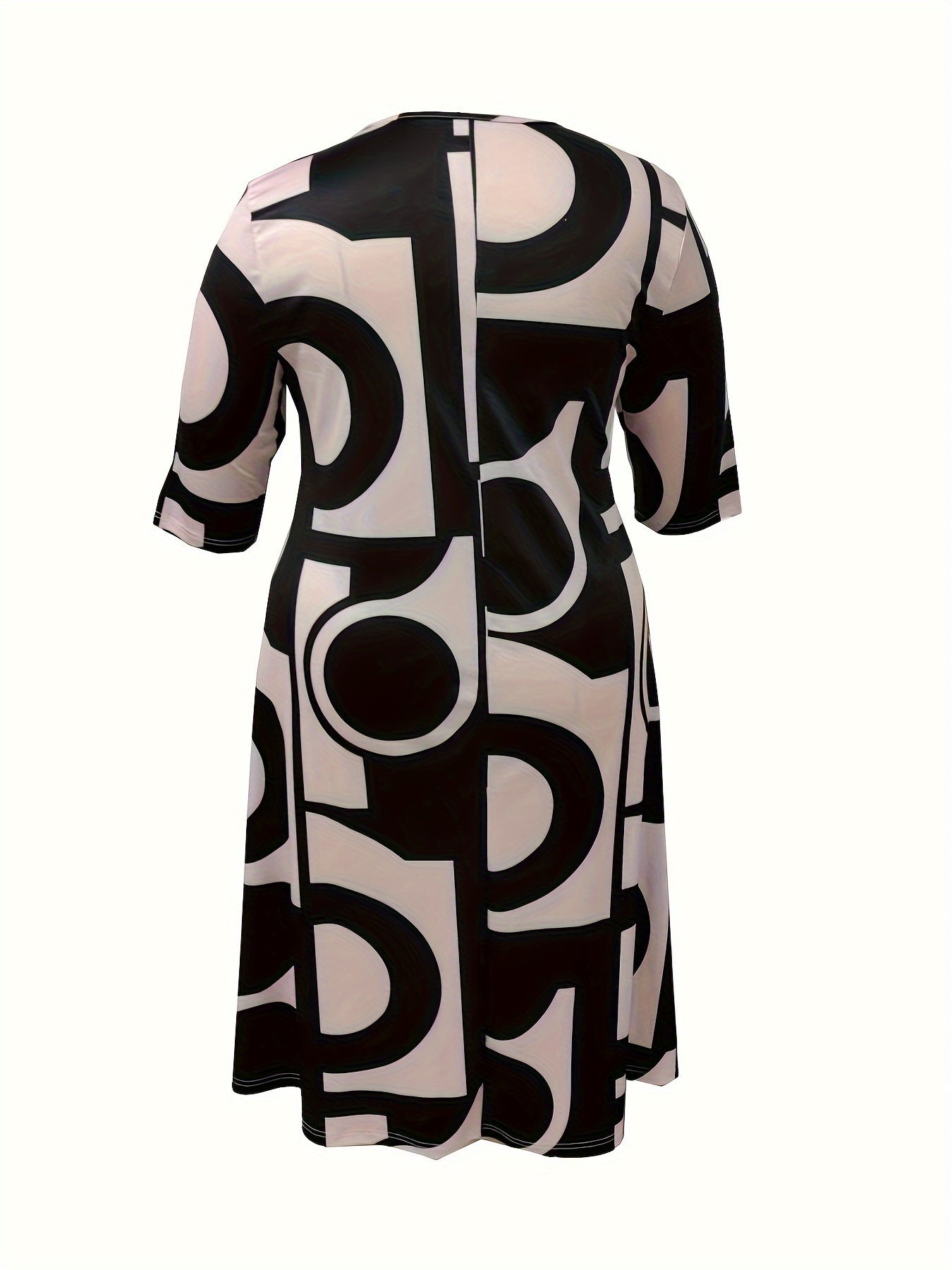  Colorblock Geometric Print Round Neck Midi Dress