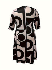  Colorblock Geometric Print Round Neck Midi Dress