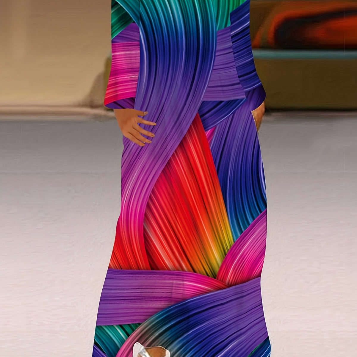  Striped Print Long Sleeve Maxi Dress