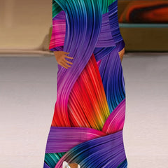  Striped Print Long Sleeve Maxi Dress