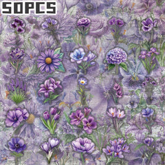 50pcs Purple Floral Stickers Transparent Shapes Self Adhesive Deca