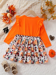 Pumpkin & Flowers Dress with Ruffle Trims Long Sleeves