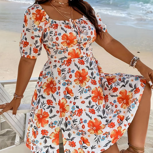  Floral Print Tie Front Puff Sleeve Square Neck Split Mini Dress