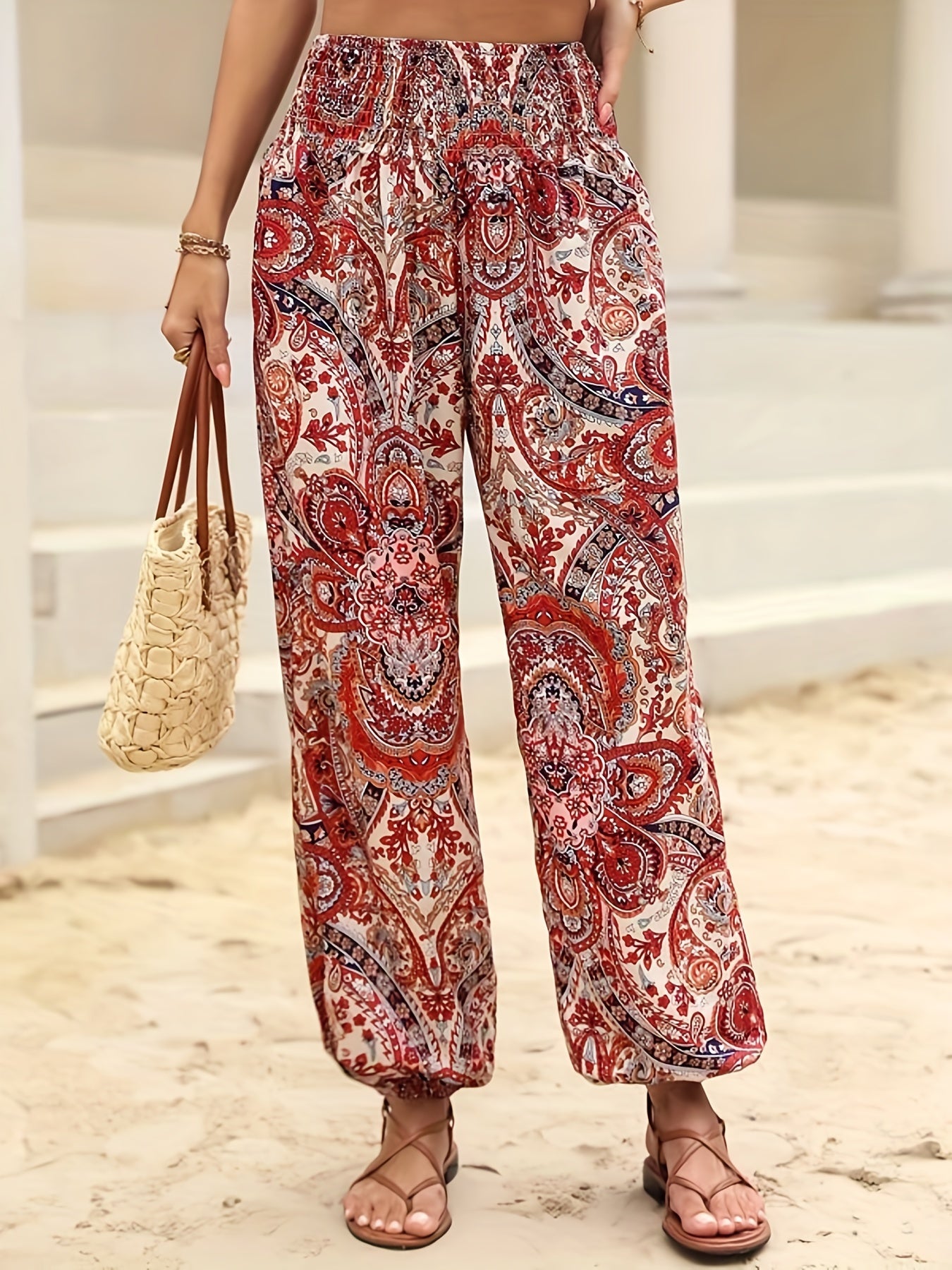 Paisley Print Shirred Waist Pants Boho Long Length Jogger Pants