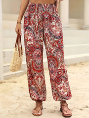 Paisley Print Shirred Waist Pants Boho Long Length Jogger Pants