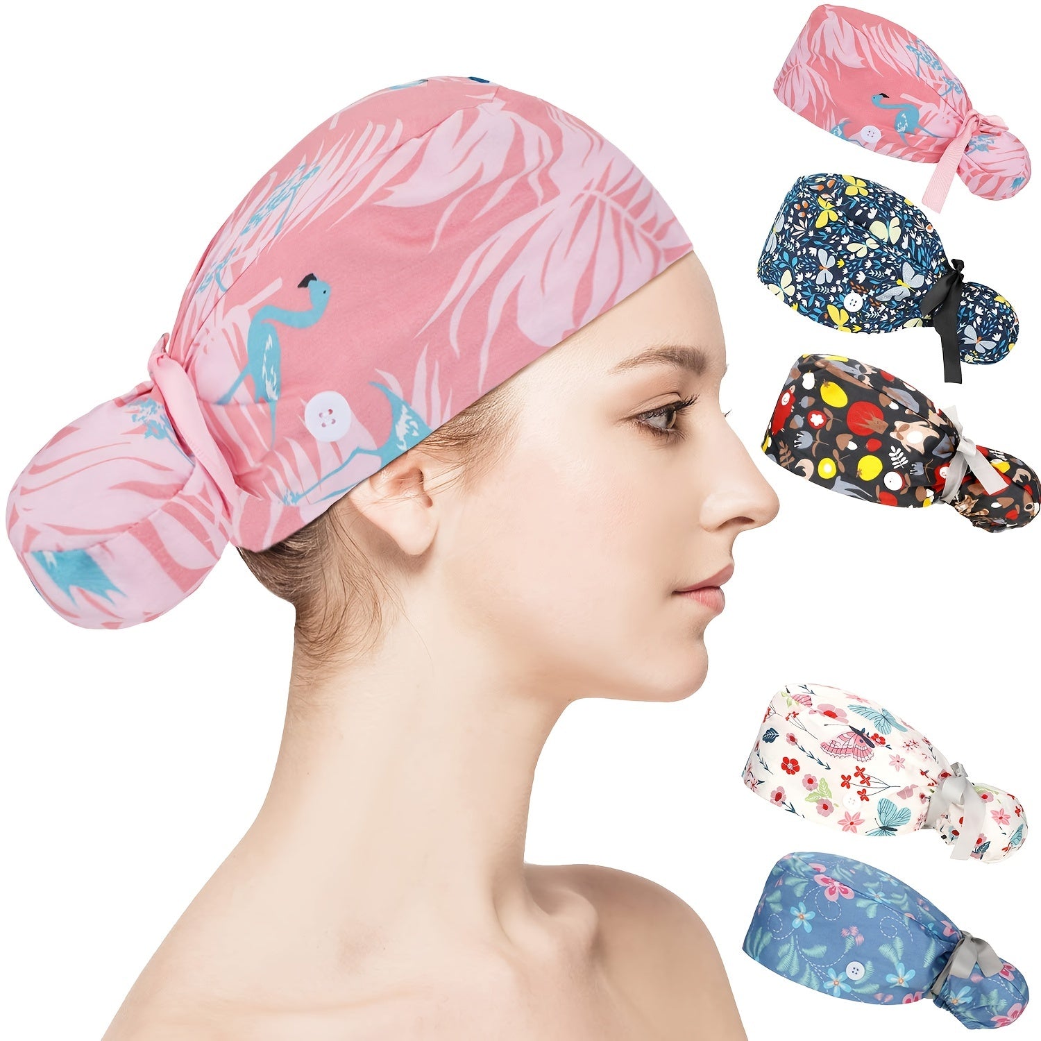 Cartoon Rose Print Work Cap Scrub Cap Adjustable Nurse Hats Elastic Lace Up Cap