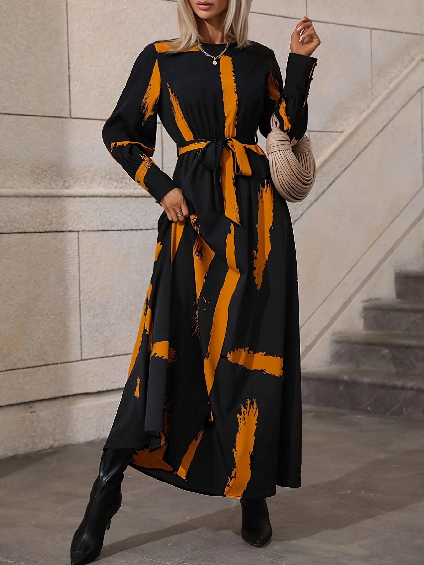  Brush Print Lantern Sleeve Maxi Dress With Belt