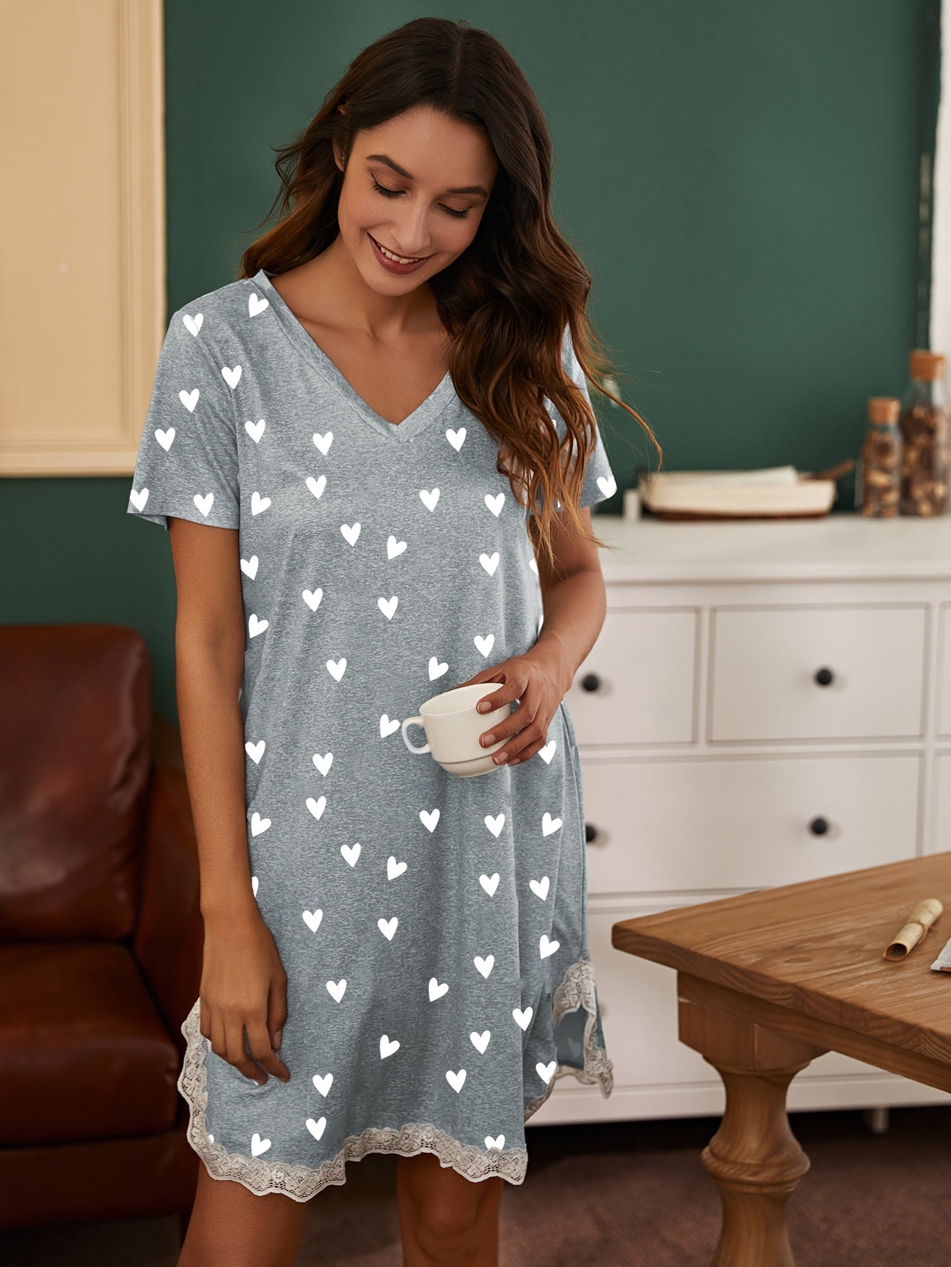 Heart Print NightDress Lace Trim Pajama Dress Women's Sleepwear