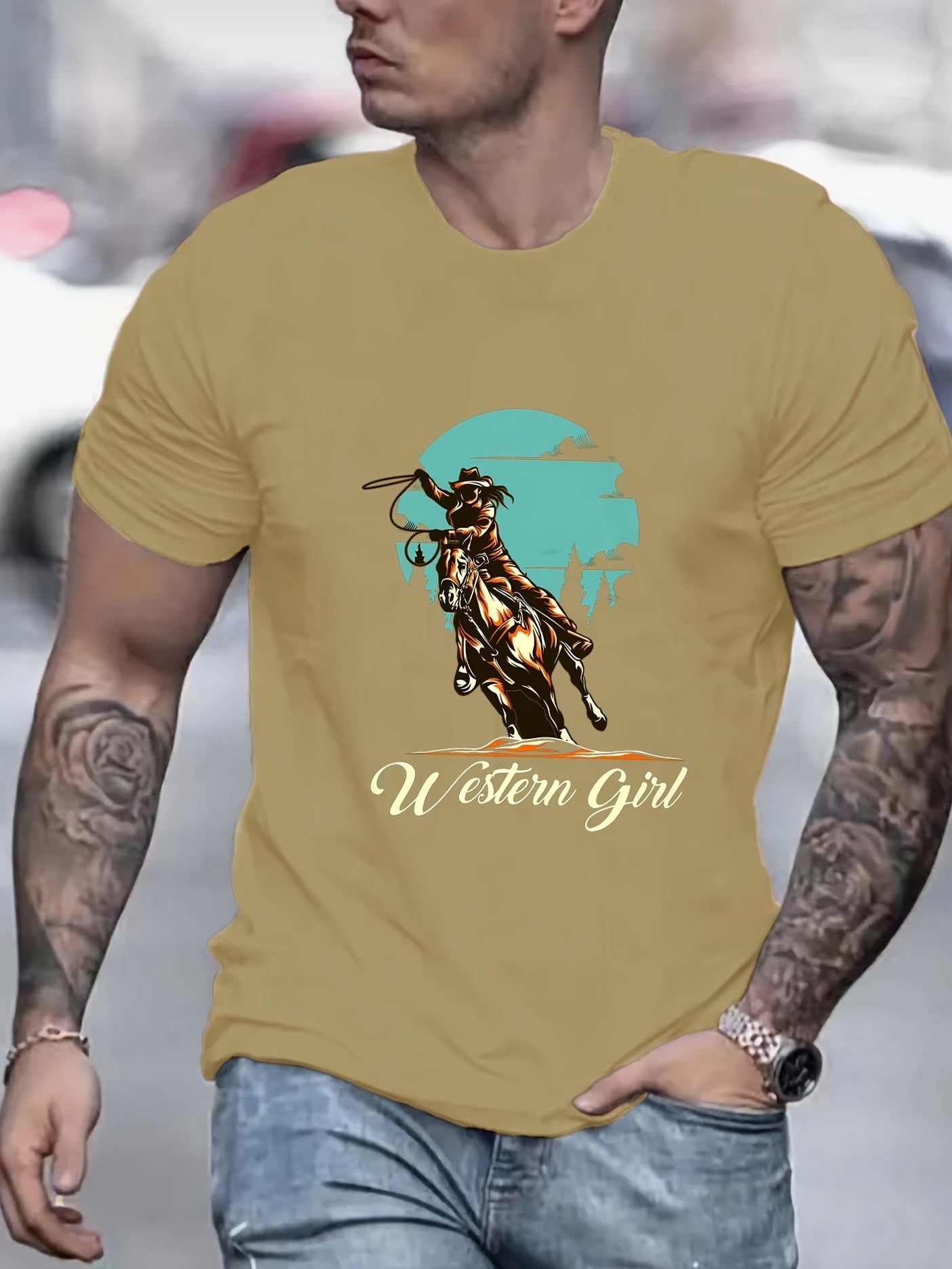 Old West Cow Girl Print Men's Graphic T-shirt for Summer