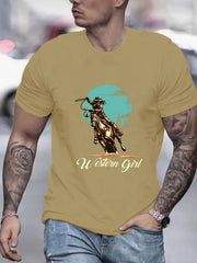 Old West Cow Girl Print Men's Graphic T-shirt for Summer